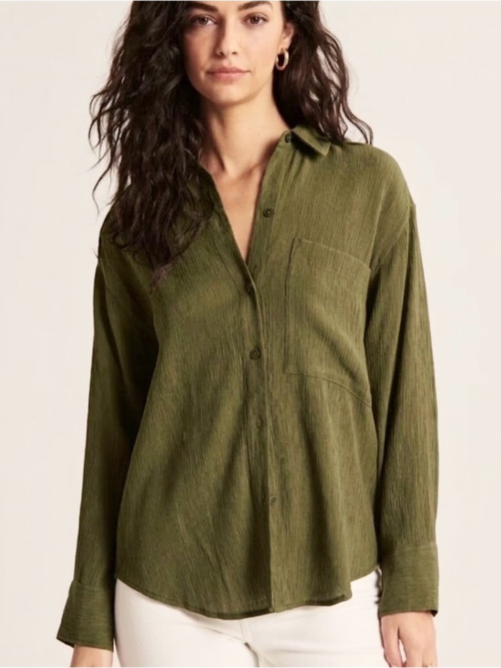 Abercrombie & Fitch Oversized Crinkle Gauze Rayon Button Down in Green
